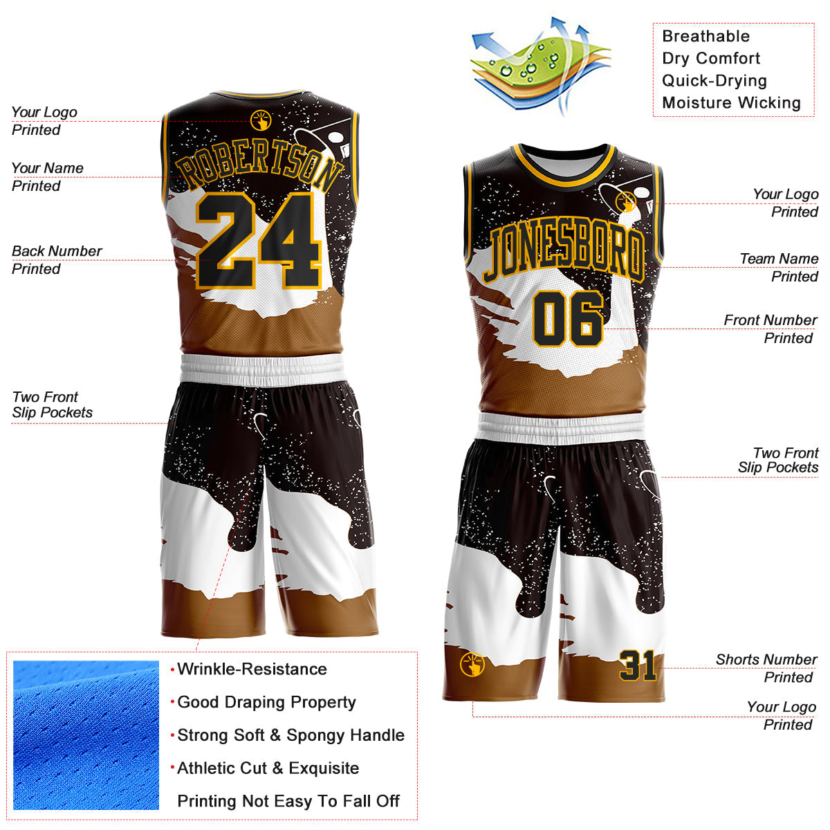 Custom White Black Brown-Gold Brush Stroke Paint Splash Round Neck Sublimation Basketball Uniform Jersey view 2