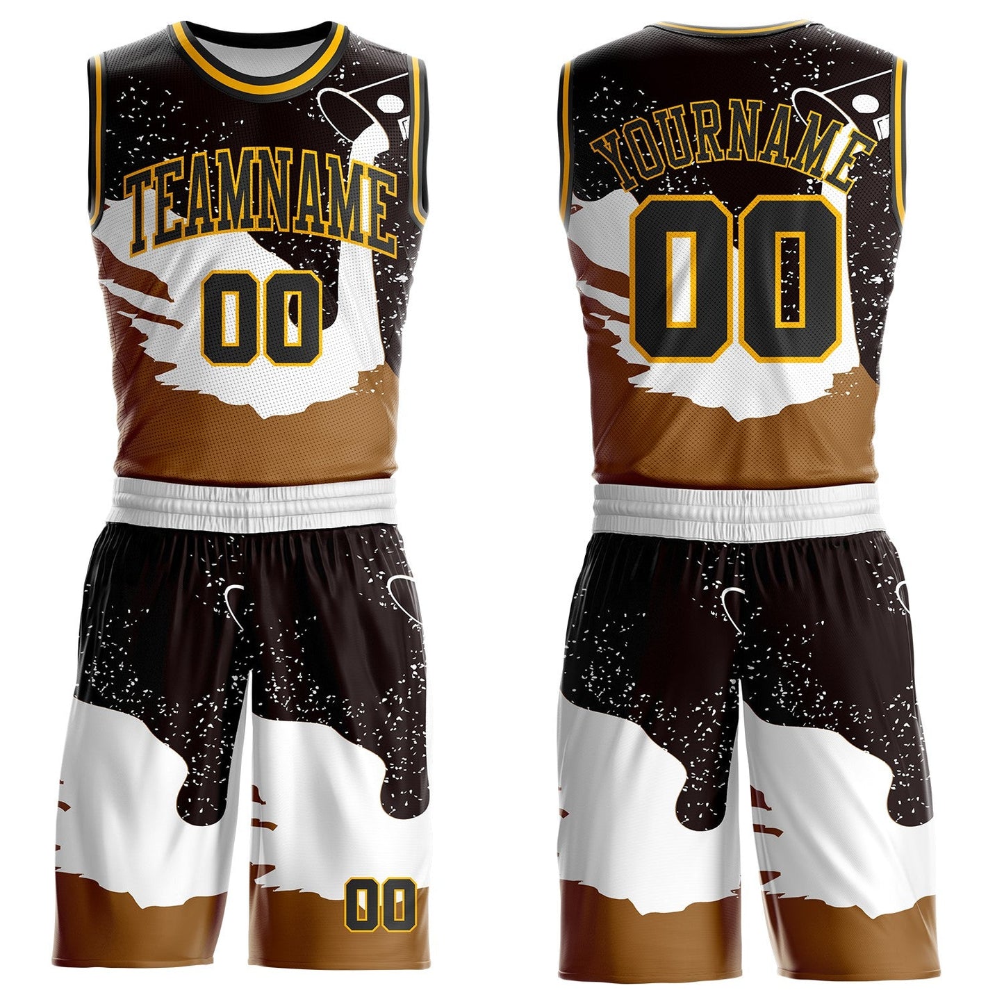 Custom White Black Brown-Gold Brush Stroke Paint Splash Round Neck Sublimation Basketball Uniform Jersey - Main View