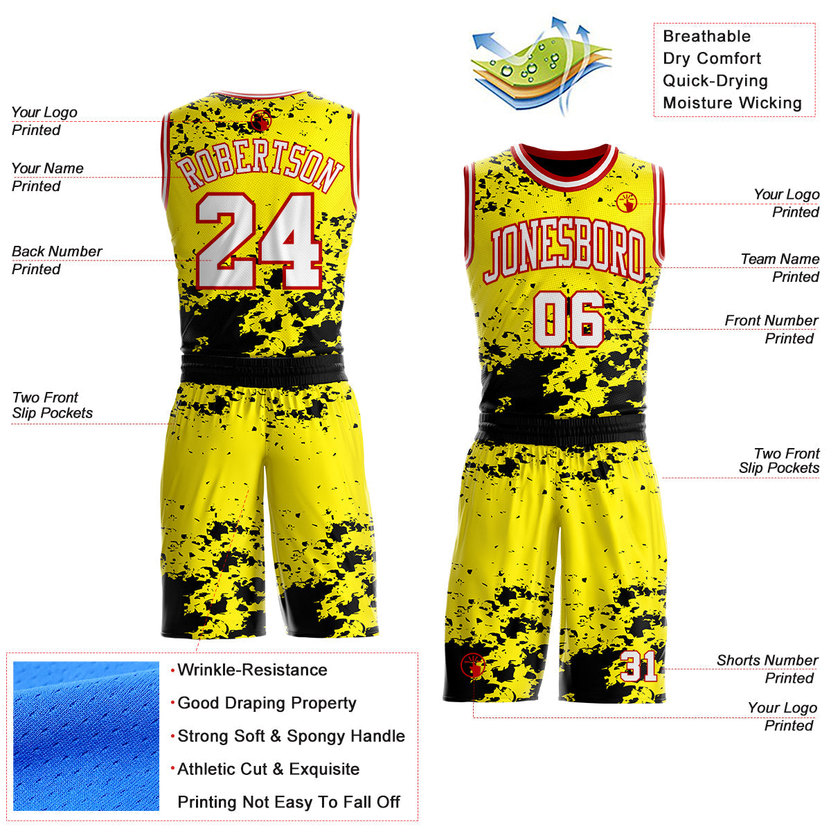 Custom Light Yellow White Black-Red Paint Splatter Round Neck Sublimation Basketball Uniform Jersey view 2