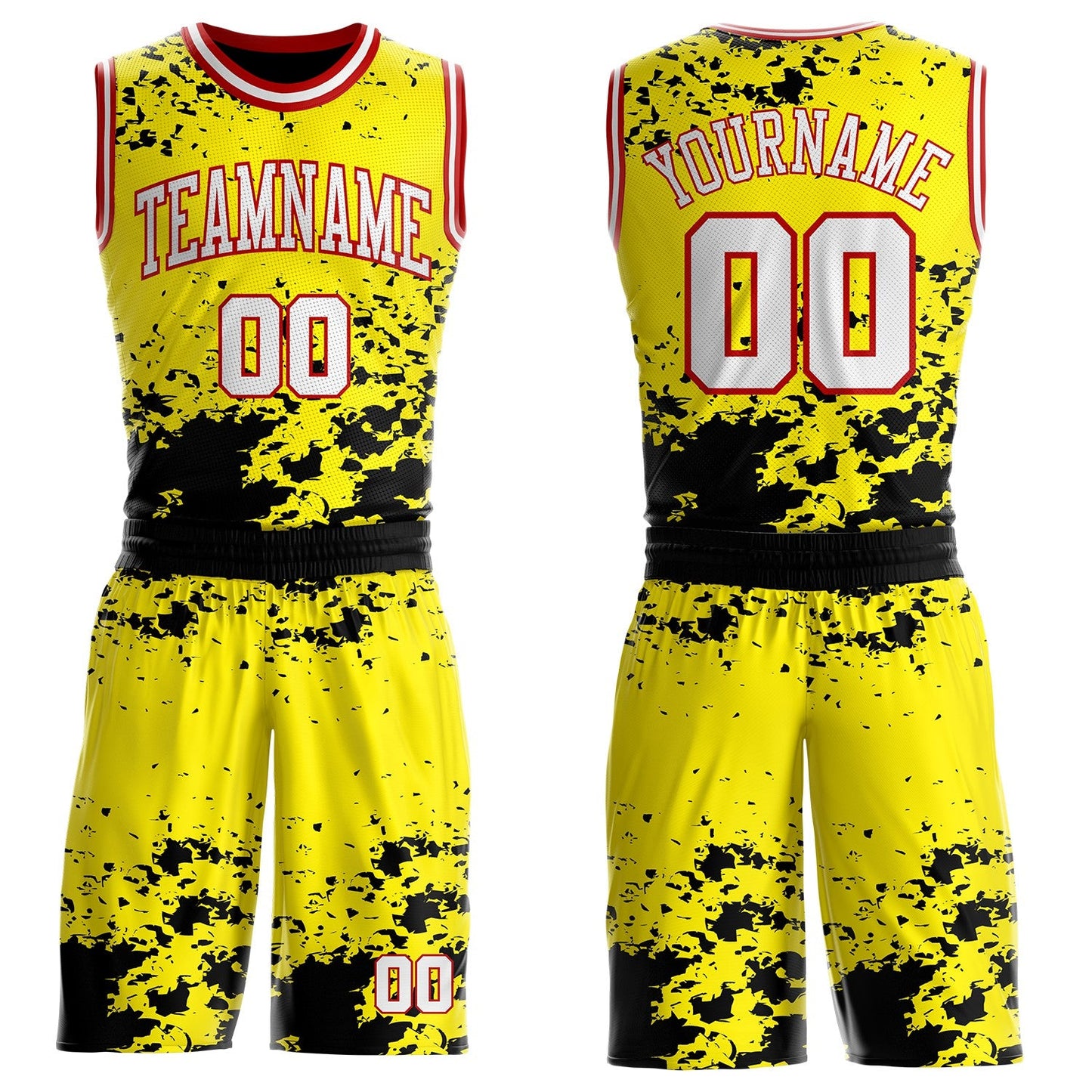 Custom Light Yellow White Black-Red Paint Splatter Round Neck Sublimation Basketball Uniform Jersey - Main View