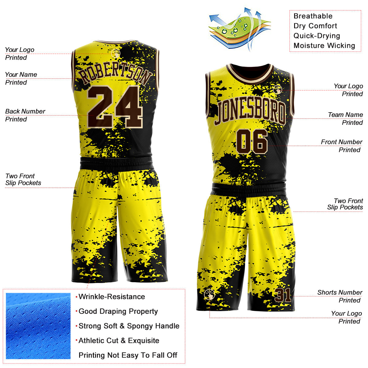Custom Light Yellow Brown Black-Cream Paint Splatter Round Neck Sublimation Basketball Uniform Jersey view 2