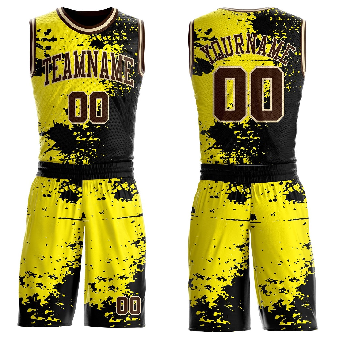 Custom Light Yellow Brown Black-Cream Paint Splatter Round Neck Sublimation Basketball Uniform Jersey - Main View