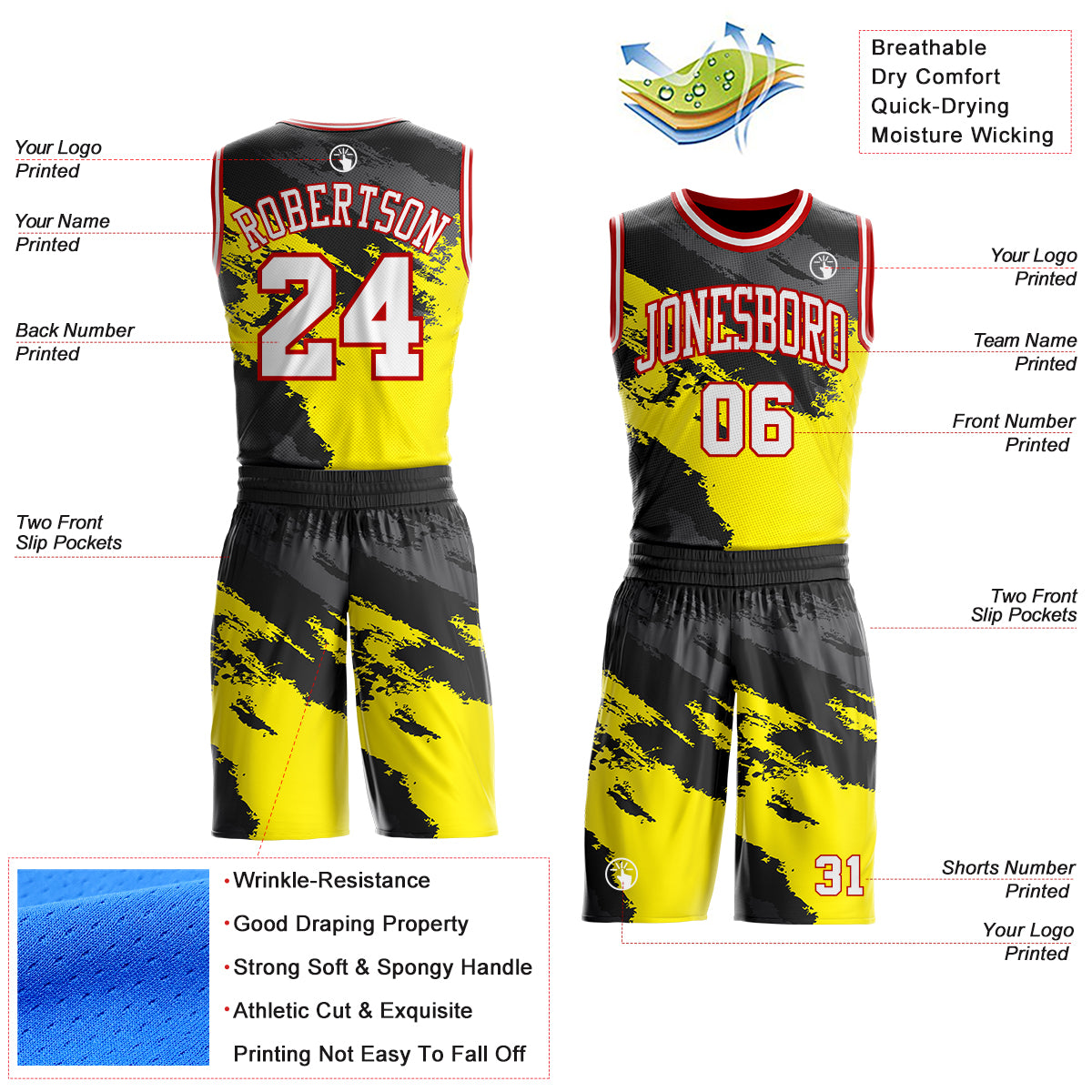 Custom Light Yellow White Black Gray-Red Brush Stroke Paint Splash Round Neck Sublimation Basketball Uniform Jersey view 2