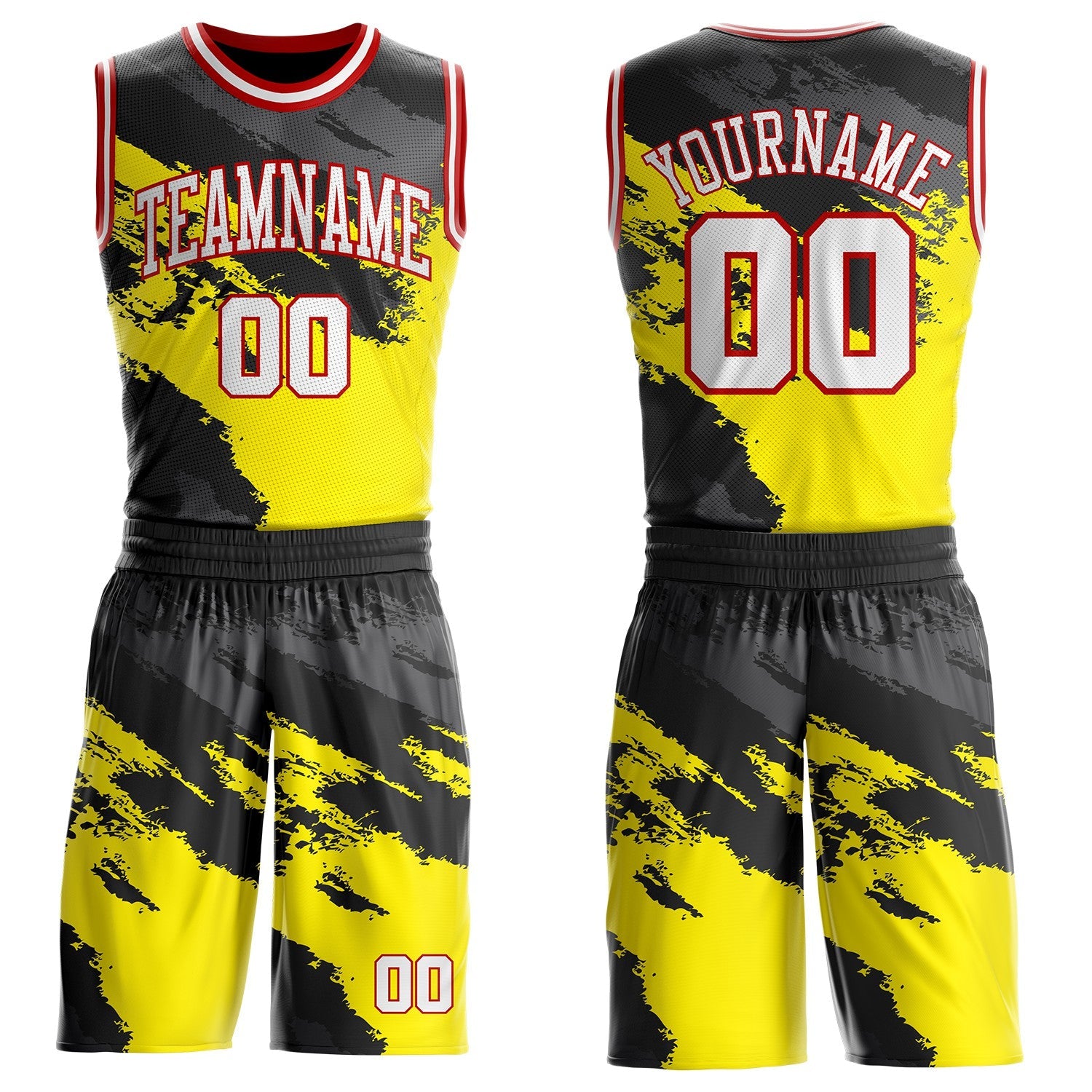 Custom Light Yellow White Black Gray-Red Brush Stroke Paint Splash Round Neck Sublimation Basketball Uniform Jersey - Main View