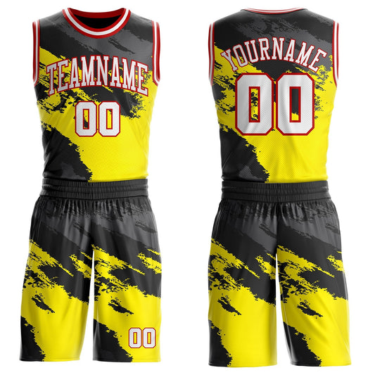 Custom Light Yellow White Black Gray-Red Brush Stroke Paint Splash Round Neck Sublimation Basketball Uniform Jersey - Main View