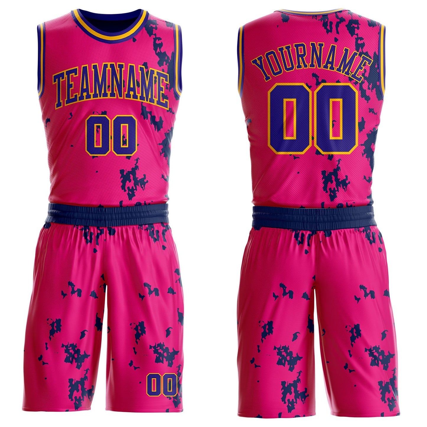 Custom Hot Pink Dark Purple Navy-Gold Paint Splatter Round Neck Sublimation Basketball Uniform Jersey - Main View