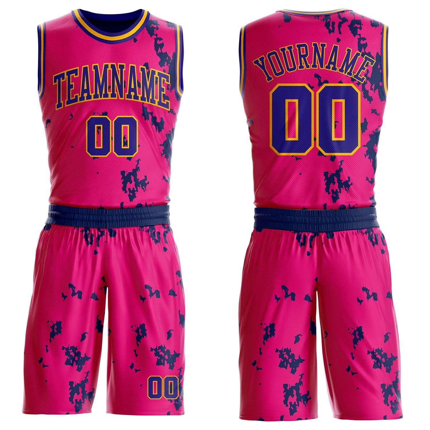 Custom Hot Pink Dark Purple Navy-Gold Paint Splatter Round Neck Sublimation Basketball Uniform Jersey - Main View