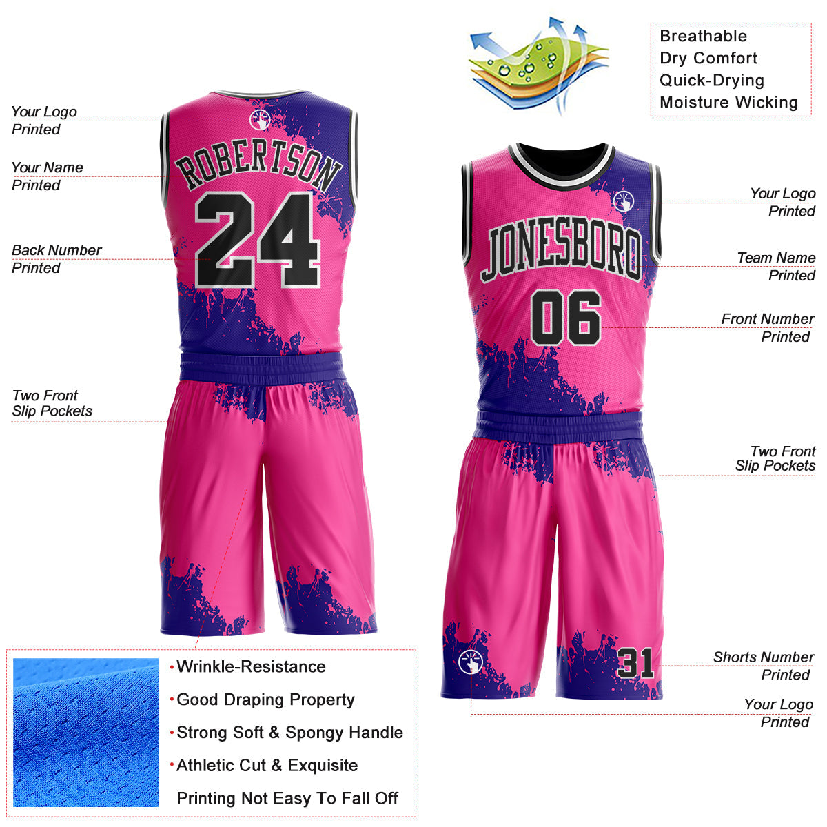 Custom Pink Black Dark Purple-White Paint Splatter Round Neck Sublimation Basketball Uniform Jersey view 2