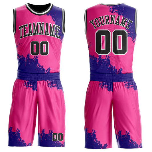 Custom Pink Black Dark Purple-White Paint Splatter Round Neck Sublimation Basketball Uniform Jersey - Main View