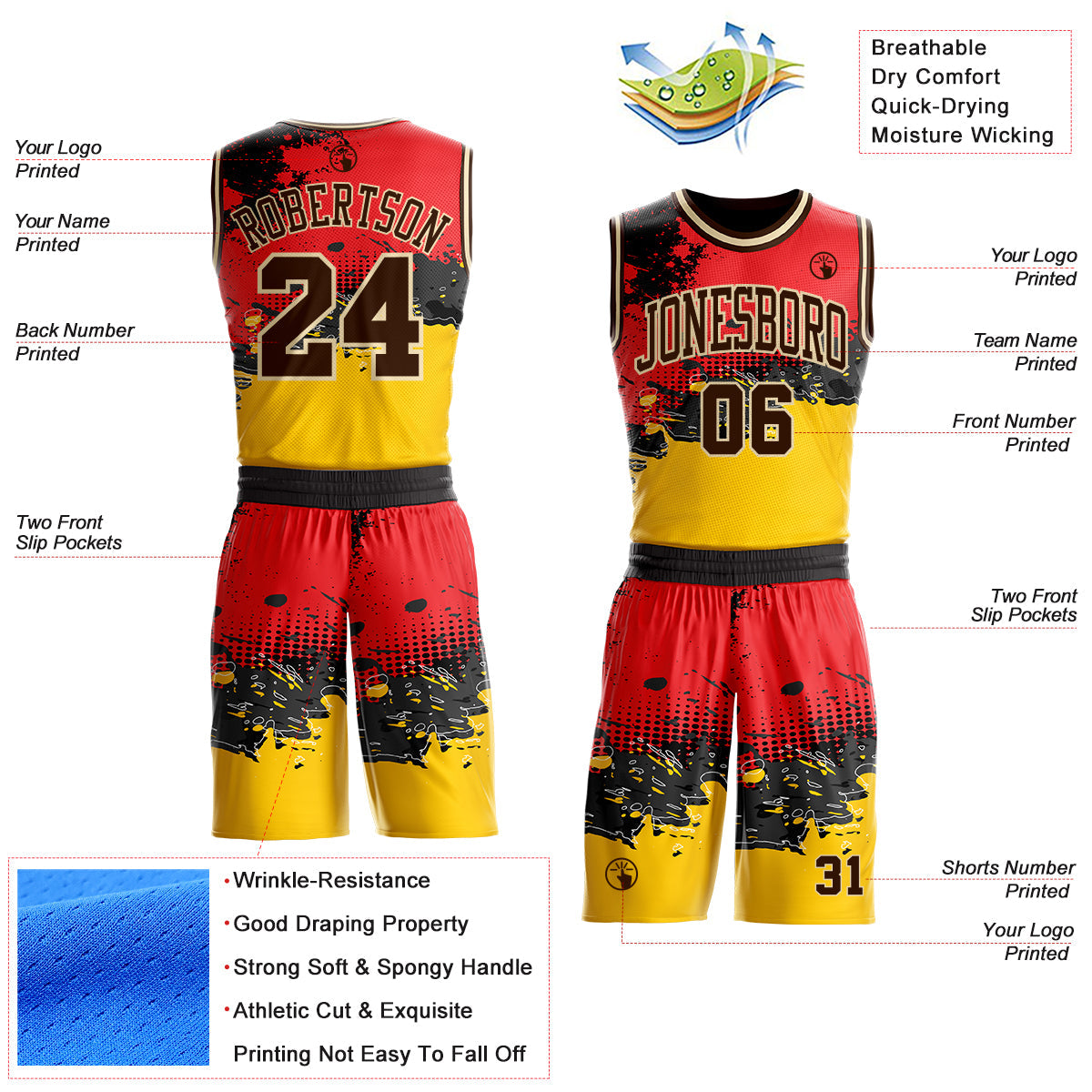 Custom Red Brown Yellow Black-Cream Brush Stroke Paint Splash Round Neck Sublimation Basketball Uniform Jersey view 2