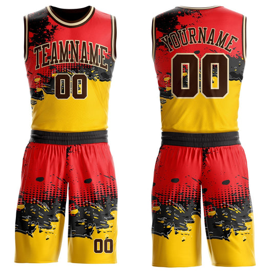 Custom Red Brown Yellow Black-Cream Brush Stroke Paint Splash Round Neck Sublimation Basketball Uniform Jersey - Main View