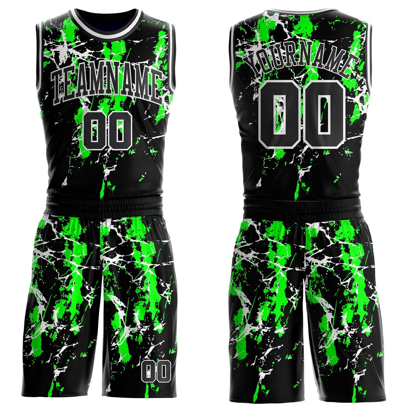 Custom Black Green-White Brush Stroke Paint Splash Round Neck Sublimation Basketball Uniform Jersey - Main View