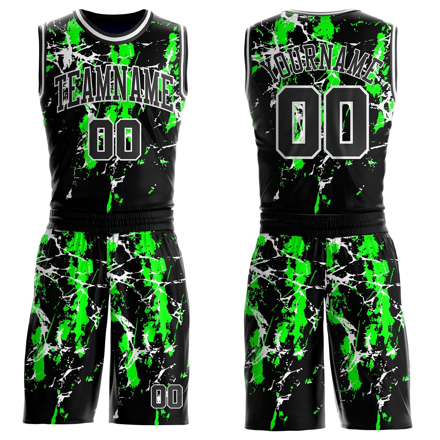 Custom Black Green-White Brush Stroke Paint Splash Round Neck Sublimation Basketball Uniform Jersey - Main View