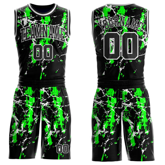 Custom Black Green-White Brush Stroke Paint Splash Round Neck Sublimation Basketball Uniform Jersey - Main View