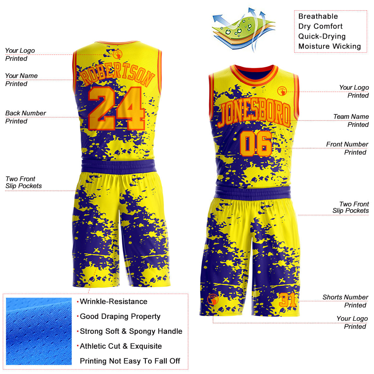 Custom Light Yellow Gold Dark Purple-Orange Paint Splatter Round Neck Sublimation Basketball Uniform Jersey view 2