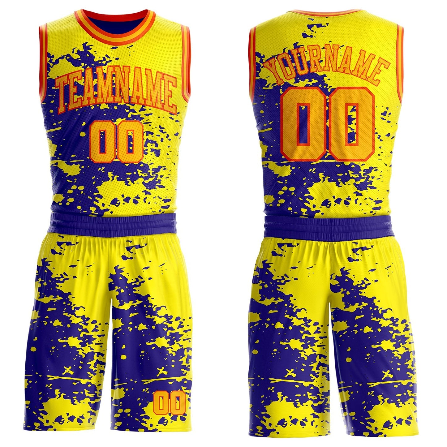 Custom Light Yellow Gold Dark Purple-Orange Paint Splatter Round Neck Sublimation Basketball Uniform Jersey - Main View