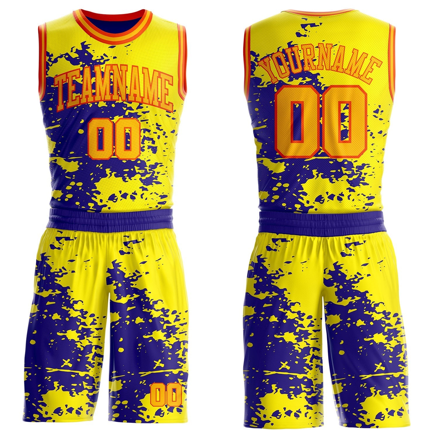Custom Light Yellow Gold Dark Purple-Orange Paint Splatter Round Neck Sublimation Basketball Uniform Jersey - Main View