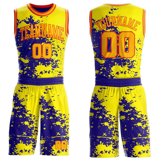 Custom Light Yellow Gold Dark Purple-Orange Paint Splatter Round Neck Sublimation Basketball Uniform Jersey - Main View