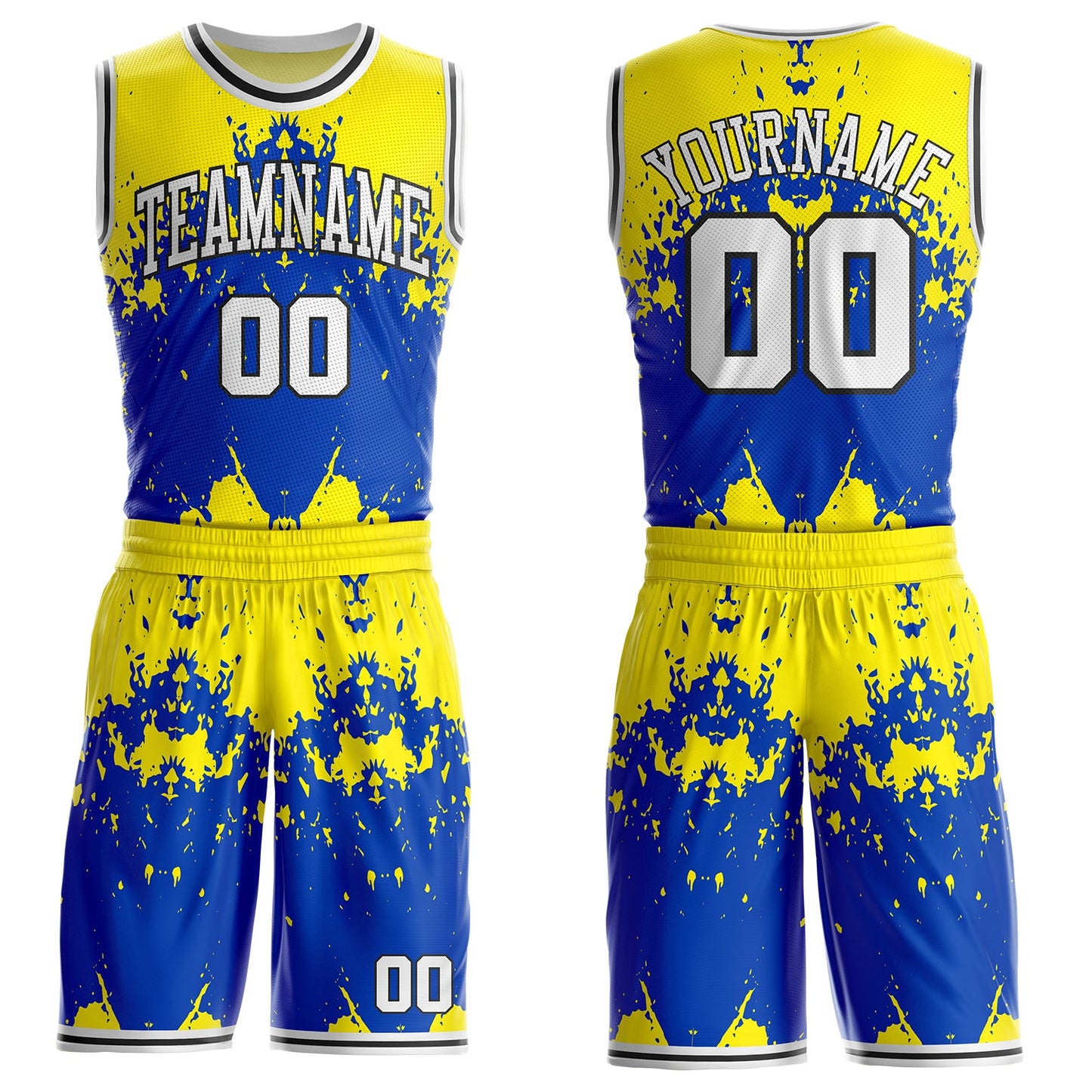 Custom Light Yellow White Thunder Blue-Black Paint Splatter Round Neck Sublimation Basketball Uniform Jersey - Main View