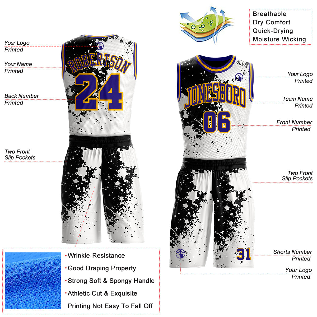 Custom White Dark Purple Black-Gold Paint Splatter Round Neck Sublimation Basketball Uniform Jersey view 2
