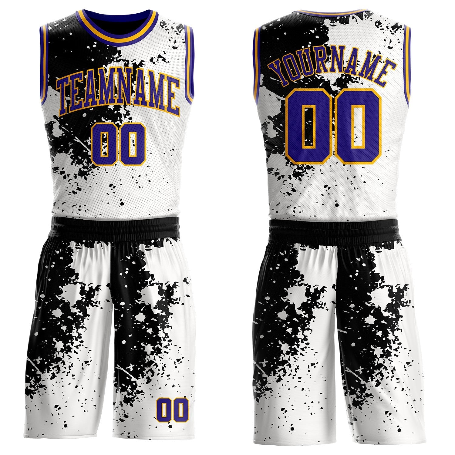 Custom White Dark Purple Black-Gold Paint Splatter Round Neck Sublimation Basketball Uniform Jersey - Main View