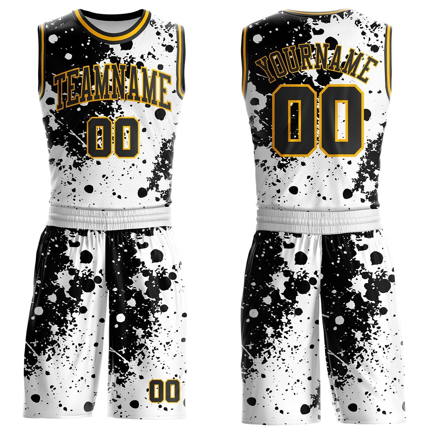 Custom White Black-Gold Paint Splatter Round Neck Sublimation Basketball Uniform Jersey - Main View