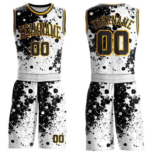 Custom White Black-Gold Paint Splatter Round Neck Sublimation Basketball Uniform Jersey - Main View