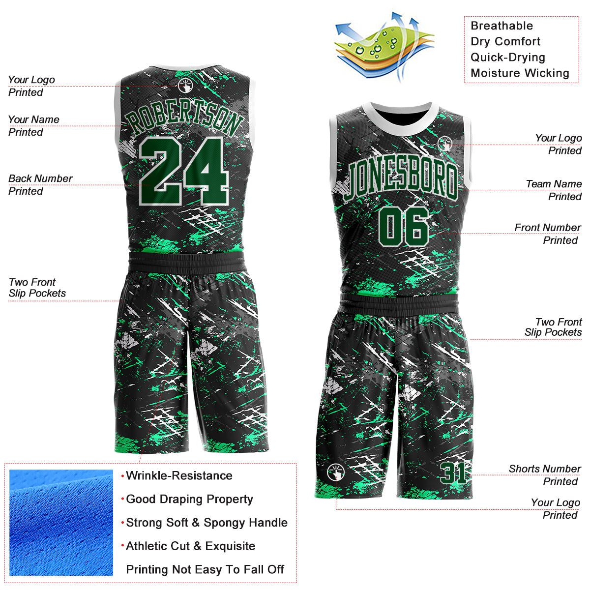 Custom Black Green Gray-White Brush Stroke Paint Splash Round Neck Sublimation Basketball Uniform Jersey view 2