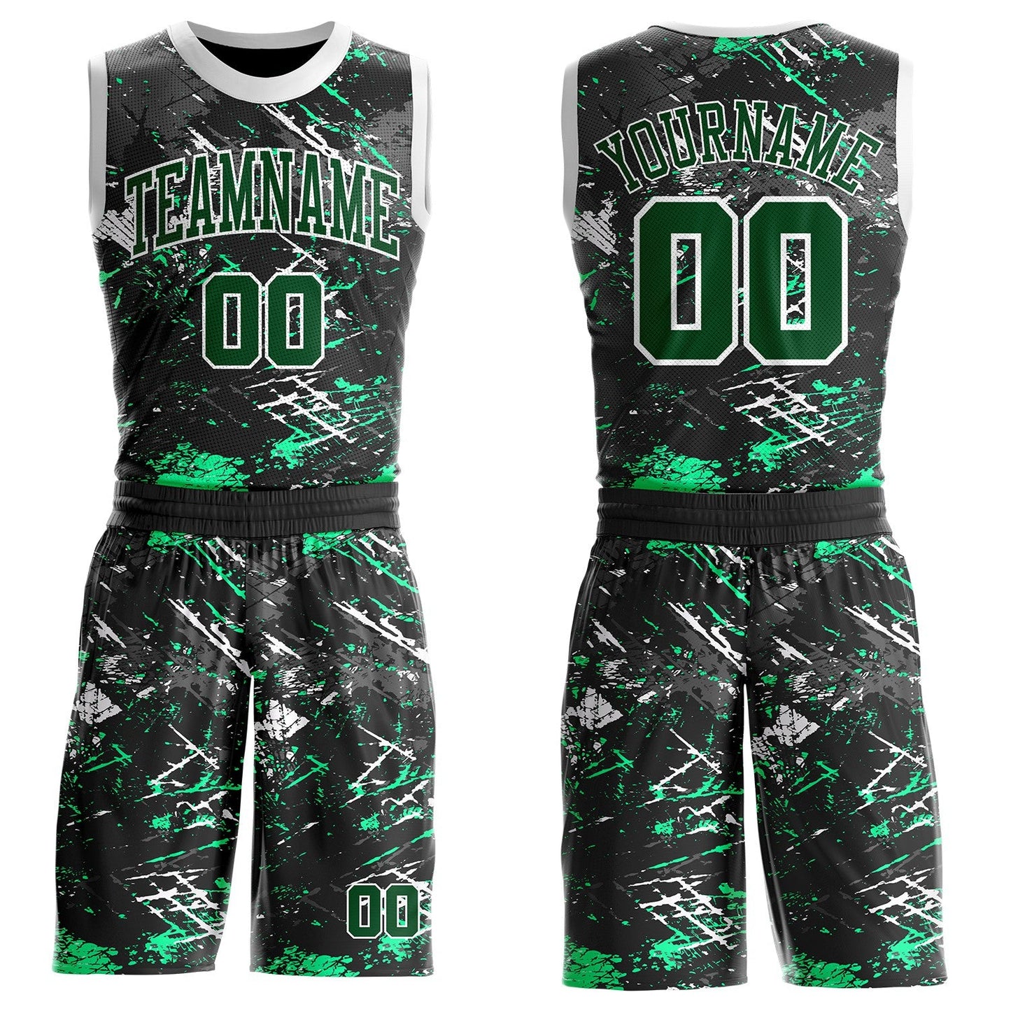 Custom Black Green Gray-White Brush Stroke Paint Splash Round Neck Sublimation Basketball Uniform Jersey - Main View