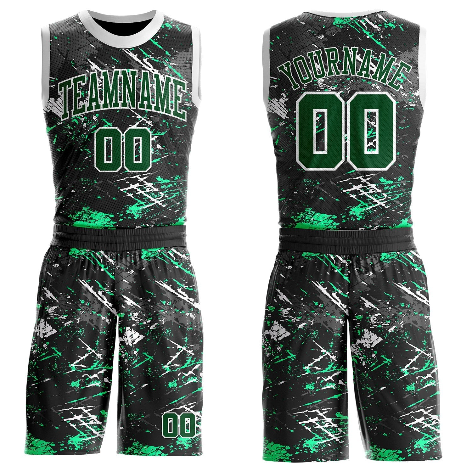 Custom Black Green Gray-White Brush Stroke Paint Splash Round Neck Sublimation Basketball Uniform Jersey - Main View