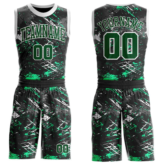 Custom Black Green Gray-White Brush Stroke Paint Splash Round Neck Sublimation Basketball Uniform Jersey - Main View