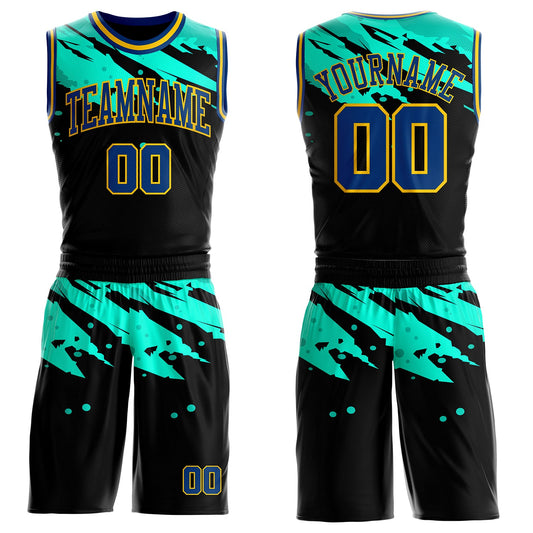 Custom Black US Navy Blue Ice Blue-Yellow Brush Stroke Paint Splash Round Neck Sublimation Basketball Uniform Jersey - Main View
