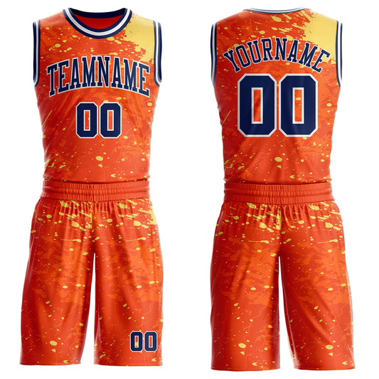 Custom Orange Navy Yellow-White Brush Stroke Paint Splash Round Neck Sublimation Basketball Uniform Jersey - Main View