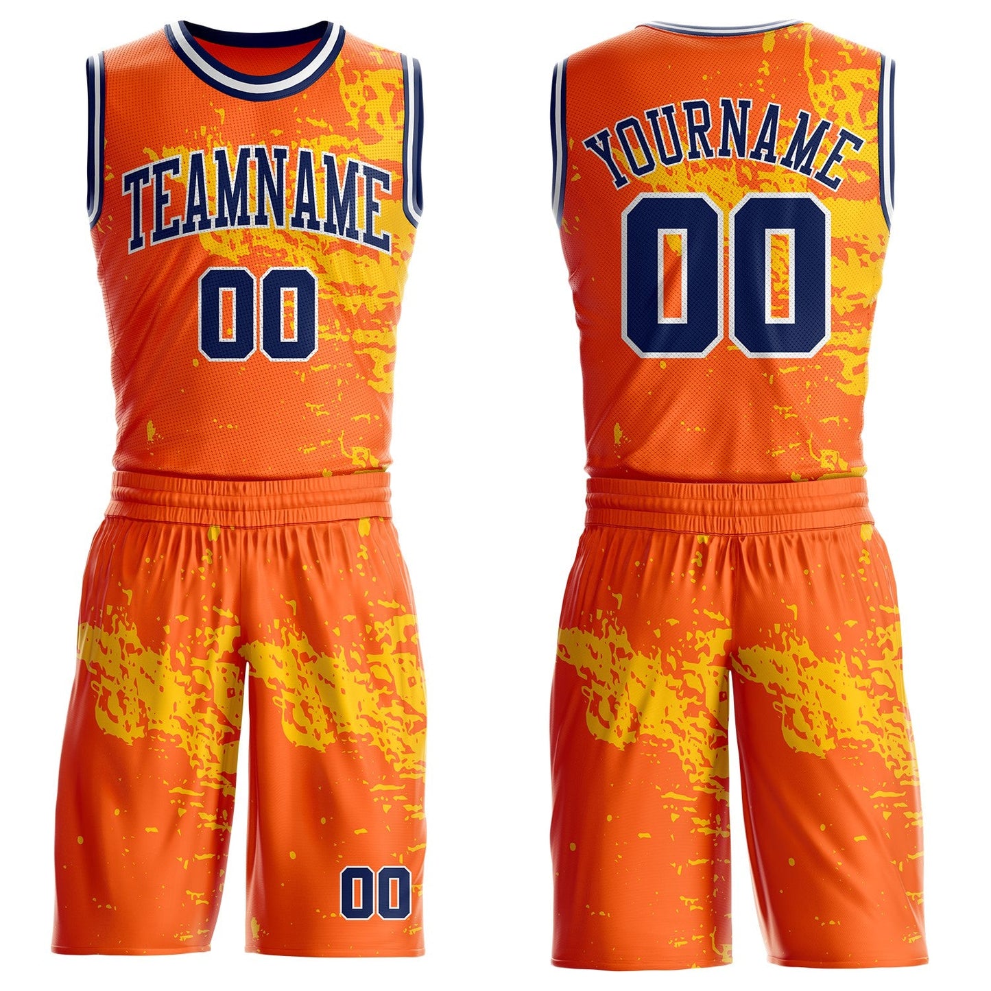 Custom Orange Navy Yellow-White Brush Stroke Paint Splash Round Neck Sublimation Basketball Uniform Jersey - Main View