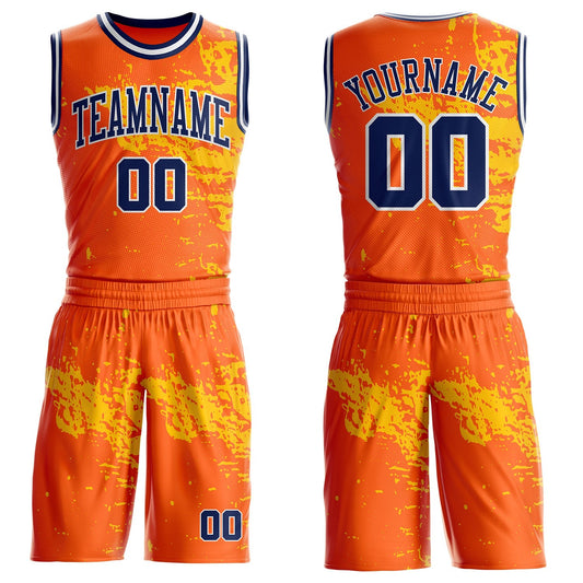 Custom Orange Navy Yellow-White Brush Stroke Paint Splash Round Neck Sublimation Basketball Uniform Jersey - Main View