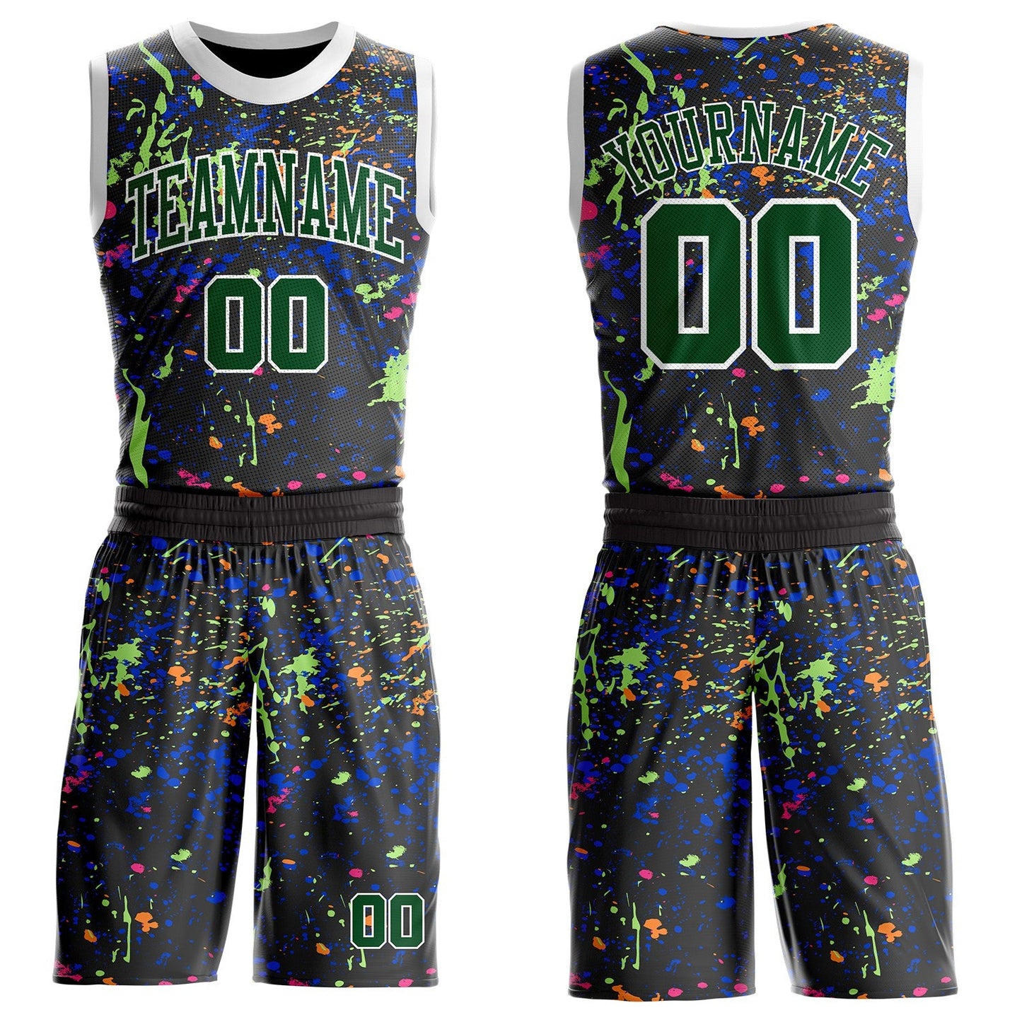 Custom Black Green-White Brush Stroke Paint Splash Round Neck Sublimation Basketball Uniform Jersey - Main View