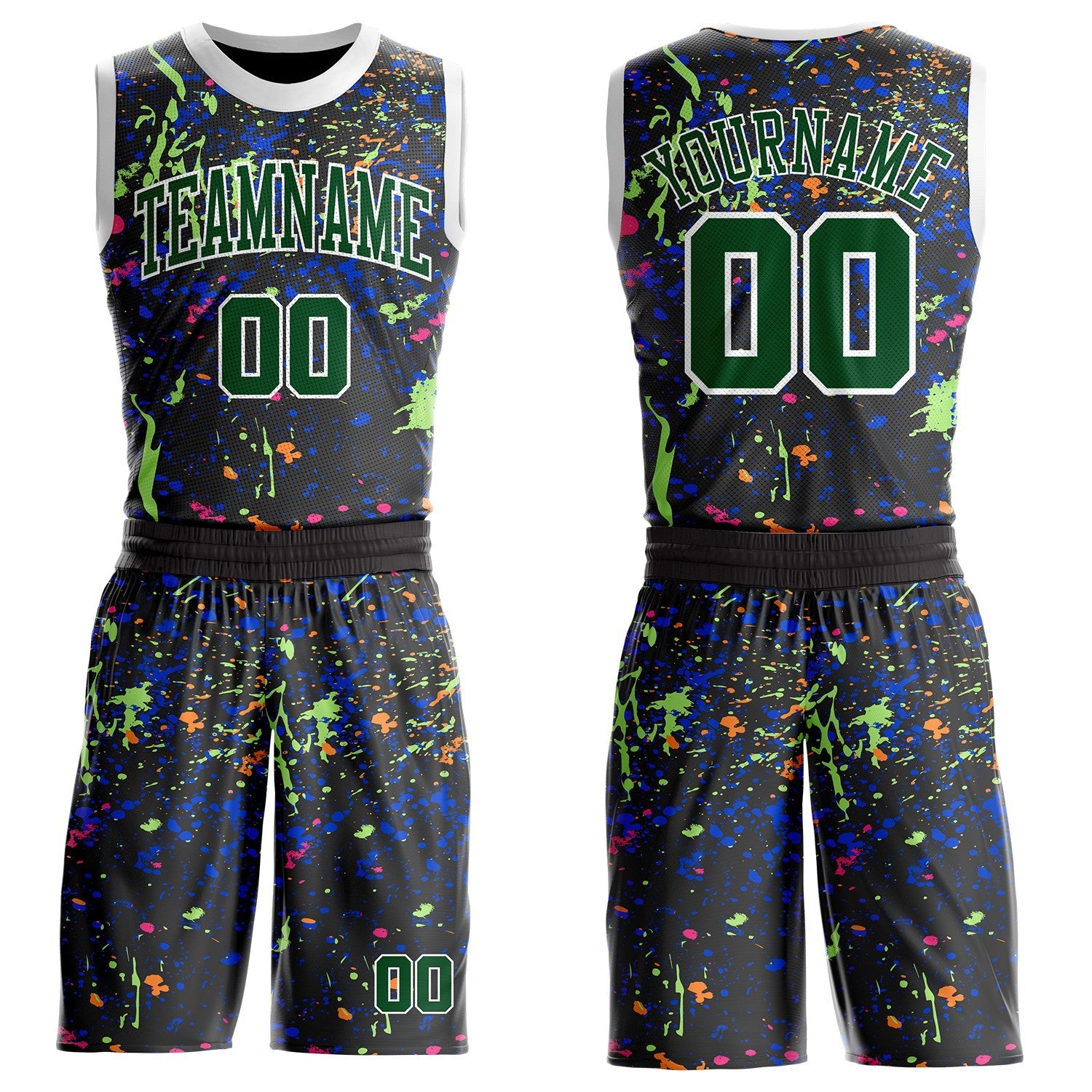 Custom Black Green-White Brush Stroke Paint Splash Round Neck Sublimation Basketball Uniform Jersey - Main View