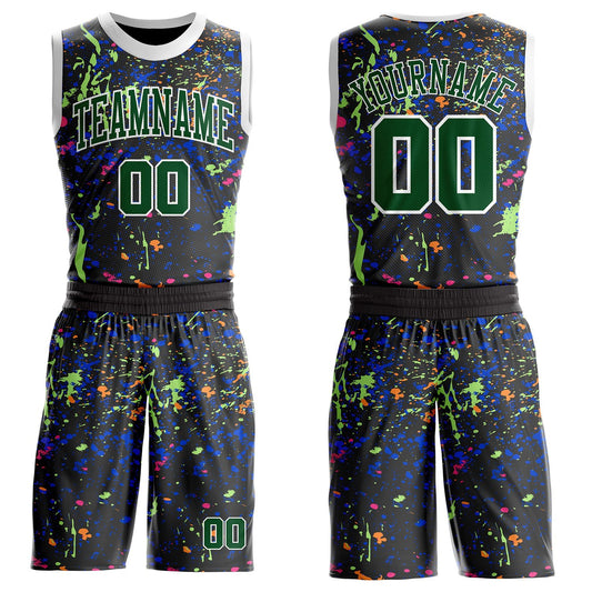 Custom Black Green-White Brush Stroke Paint Splash Round Neck Sublimation Basketball Uniform Jersey - Main View