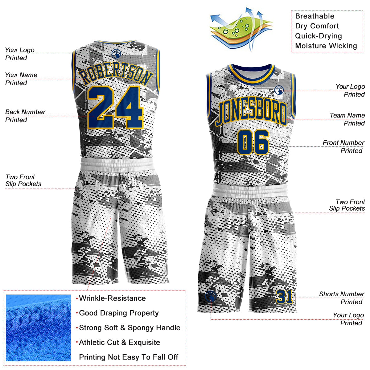 Custom White US Navy Blue Gray-Yellow Vintage Geometric Dot Round Neck Sublimation Basketball Uniform Jersey view 2