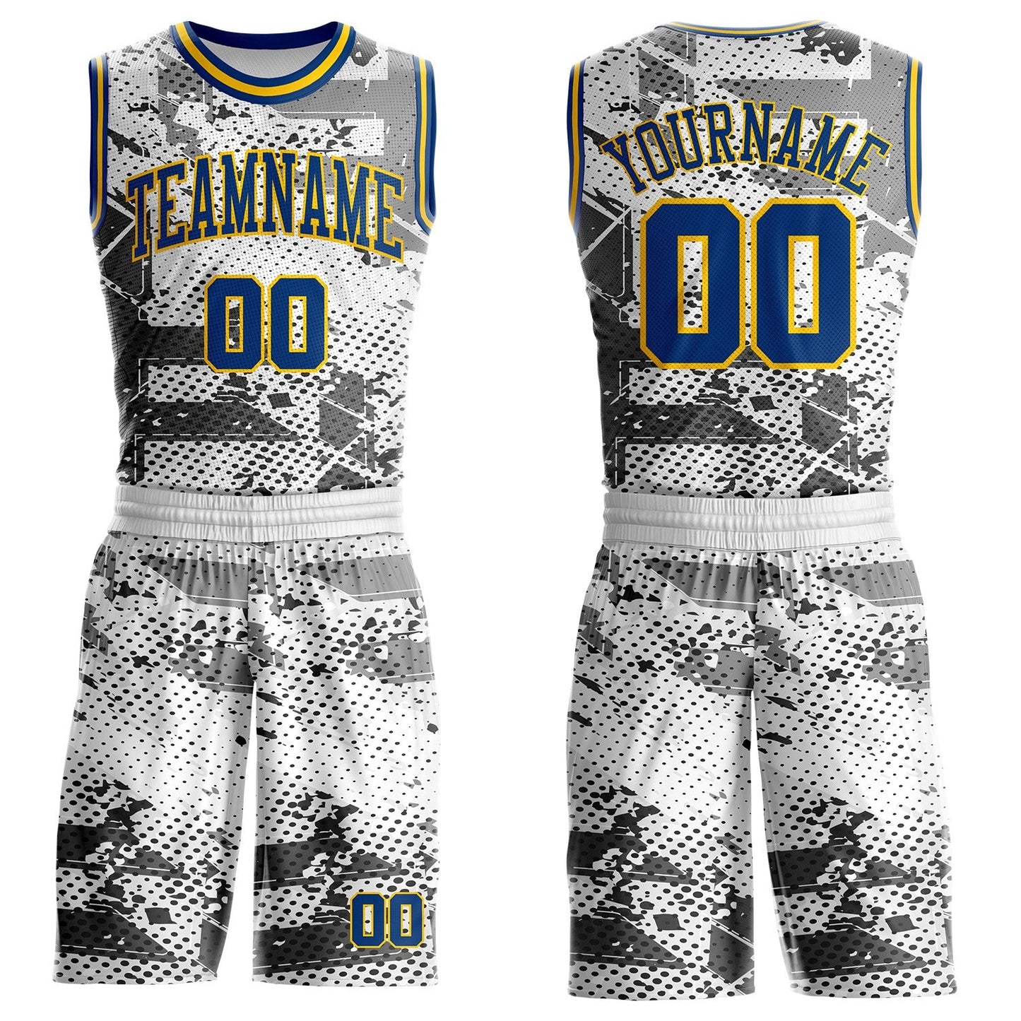 Custom White US Navy Blue Gray-Yellow Vintage Geometric Dot Round Neck Sublimation Basketball Uniform Jersey - Main View
