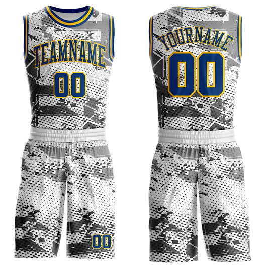 Custom White US Navy Blue Gray-Yellow Vintage Geometric Dot Round Neck Sublimation Basketball Uniform Jersey - Main View