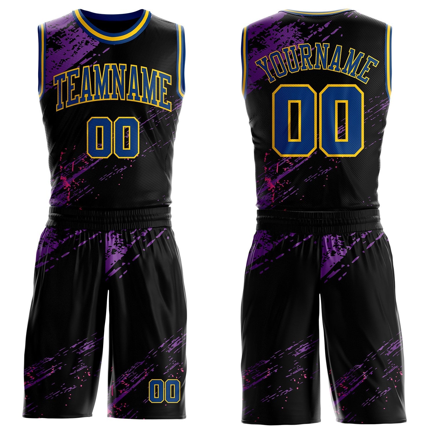 Custom Black US Navy Blue Purple Pink-Yellow Vintage Brush Stroke Round Neck Sublimation Basketball Uniform Jersey - Main View
