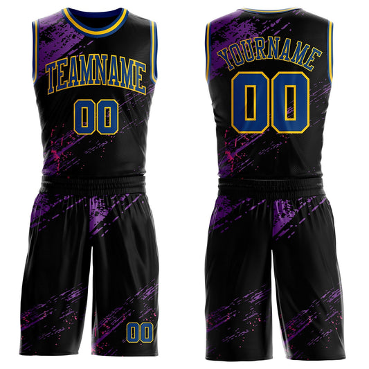 Custom Black US Navy Blue Purple Pink-Yellow Vintage Brush Stroke Round Neck Sublimation Basketball Uniform Jersey - Main View