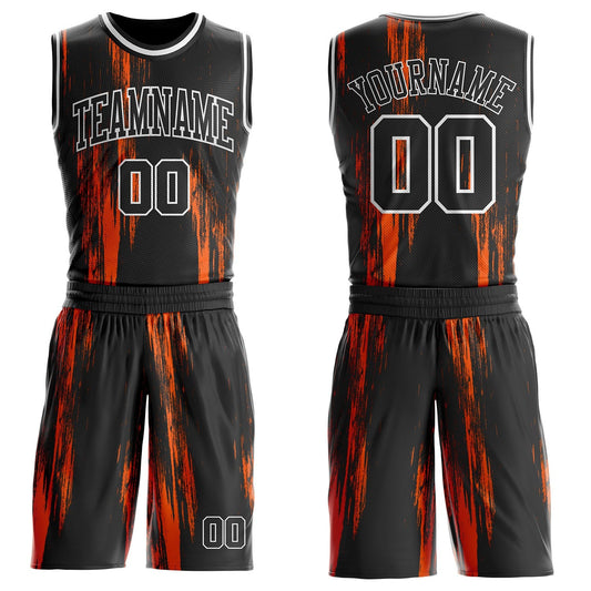 Custom Black Orange-White Vintage Brush Stroke Round Neck Sublimation Basketball Uniform Jersey - Main View