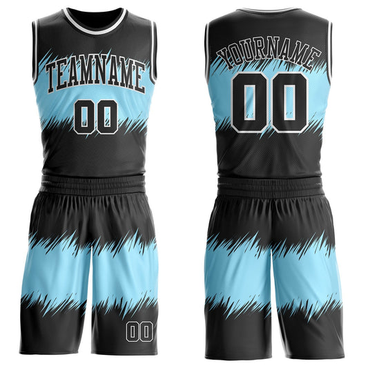 Custom Black Blue-White Vintage Brush Stroke Round Neck Sublimation Basketball Uniform Jersey - Main View