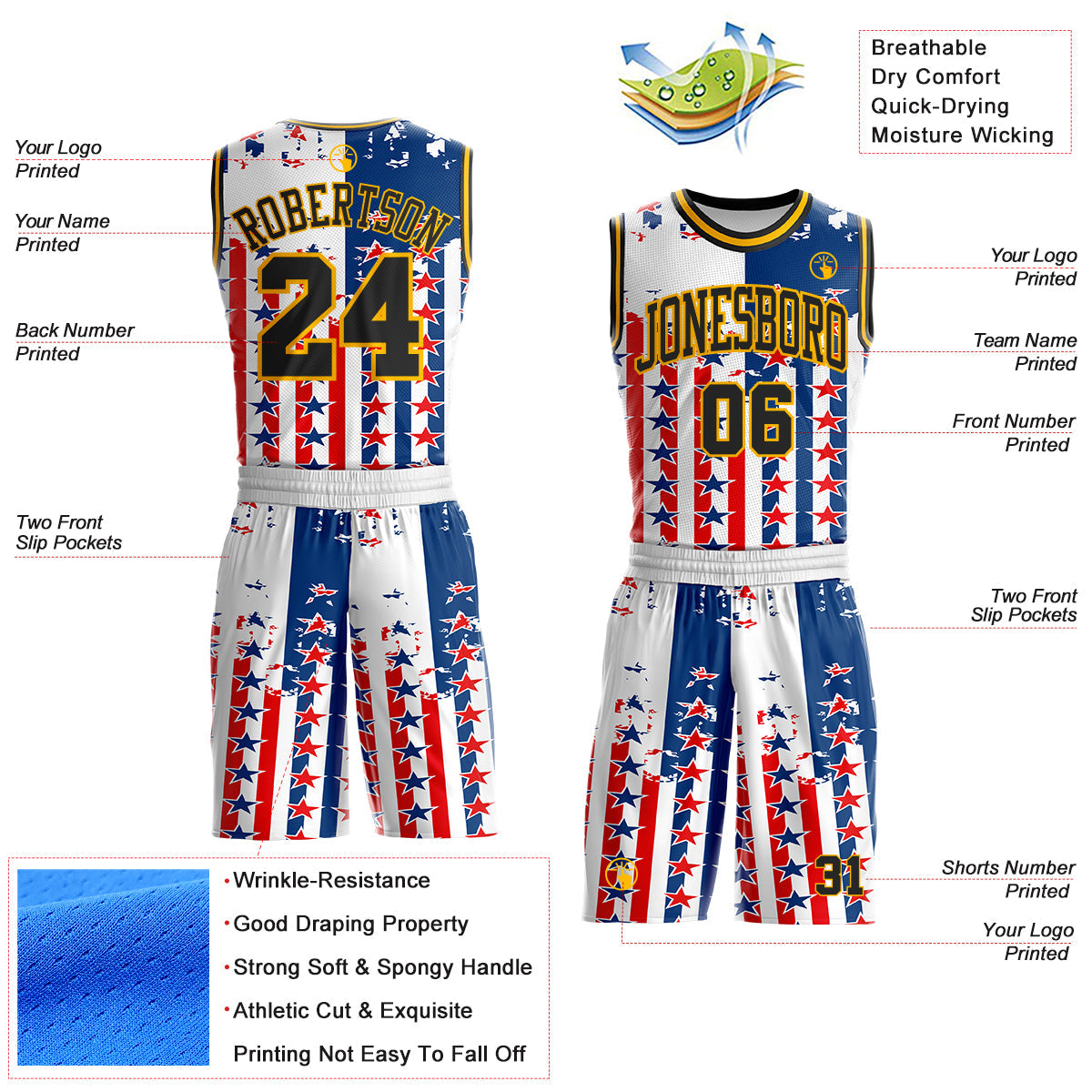 Custom White Black Blue Red-Gold Retro American Flag Round Neck Sublimation Basketball Uniform Jersey view 2