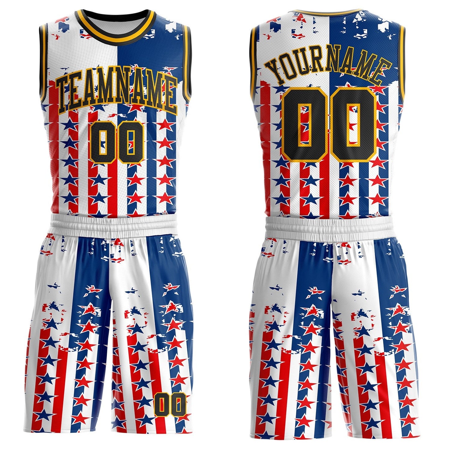Custom White Black Blue Red-Gold Retro American Flag Round Neck Sublimation Basketball Uniform Jersey - Main View