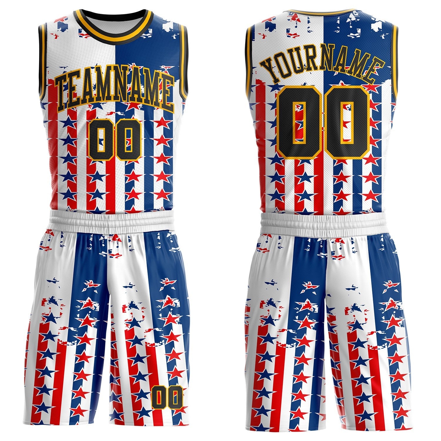 Custom White Black Blue Red-Gold Retro American Flag Round Neck Sublimation Basketball Uniform Jersey - Main View