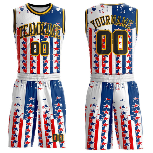 Custom White Black Blue Red-Gold Retro American Flag Round Neck Sublimation Basketball Uniform Jersey - Main View