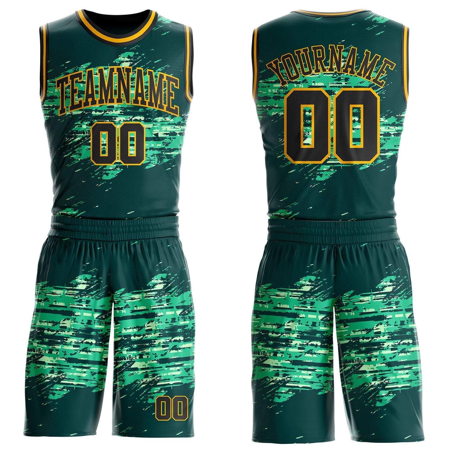 Custom Green Black-Gold Grunge Paint Splatter Brush Stroke Round Neck Sublimation Basketball Uniform Jersey - Main View